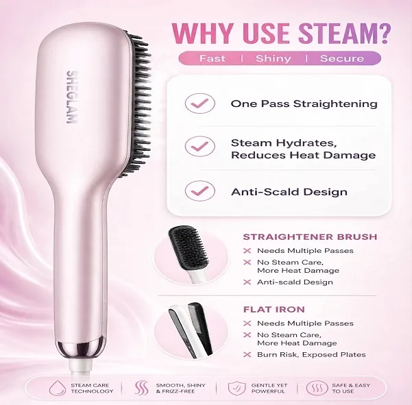 برس حرارتی بخاردار شیگلم مدل Hydra Shot Steam straightening brush Pro وزن 775 گرم با مخزن بخار داخلی و سیستم یون‌ساز