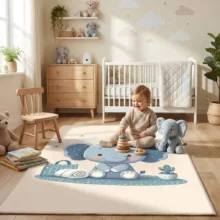 فرش ماشینی 1000 شانه زمینه کرم حاشیه طوسی اورکوم مدل نانو چاپ بدون پرز طرح اتاق کودک کد kids.9017.01