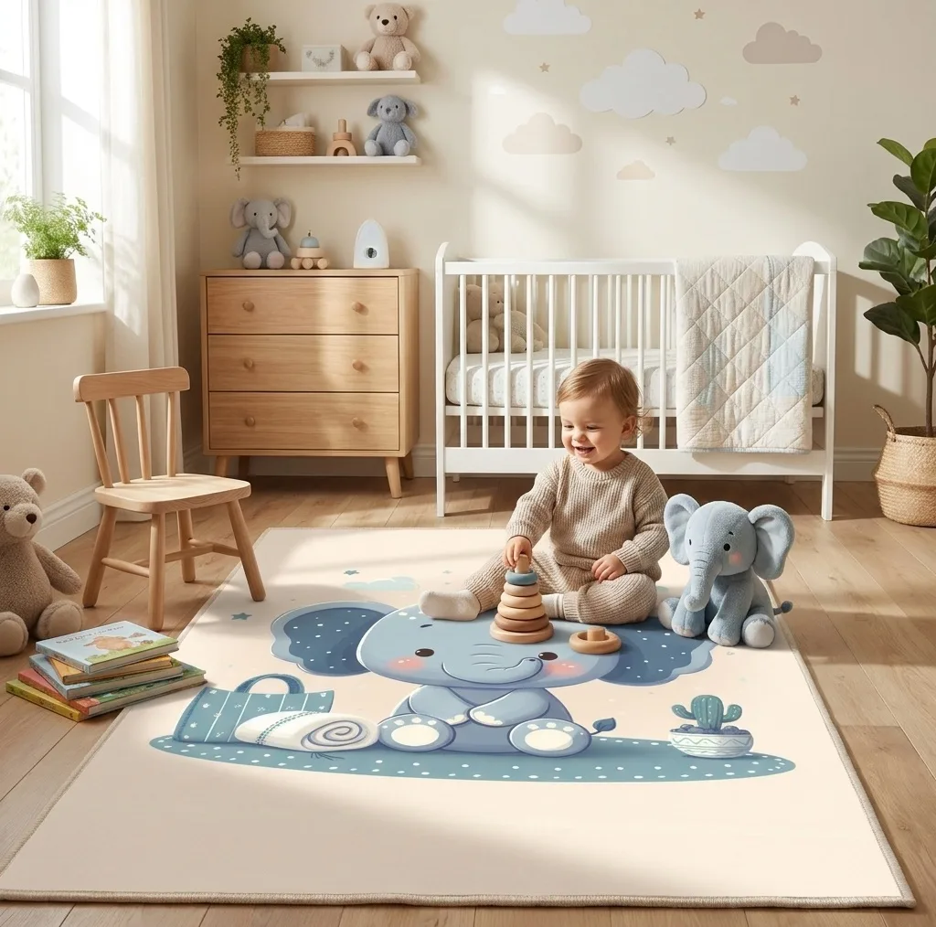 فرش ماشینی 1000 شانه زمینه کرم حاشیه طوسی اورکوم مدل نانو چاپ بدون پرز طرح اتاق کودک کد kids.9017.01