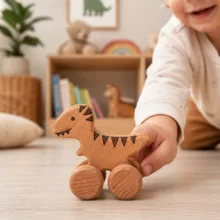 اسباب بازی چوبی مدل دایناسور چرخ‌دار مجموعه 3 عددی