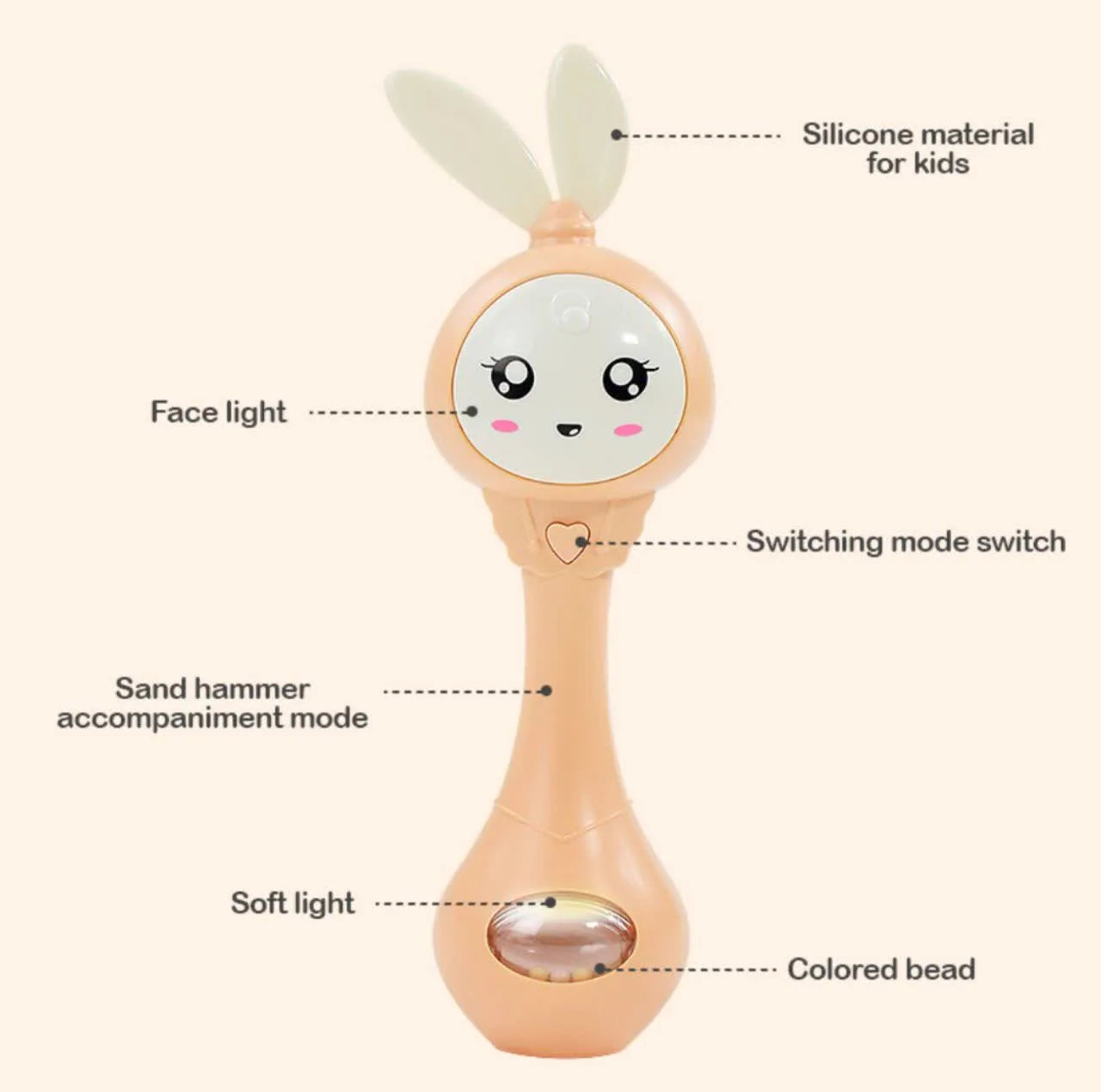 جغجغه ناب سل مدل دستی دندان گیر چراغدار موزیکال خرگوش بامزه  کد Funny rabbit teething hand rattle