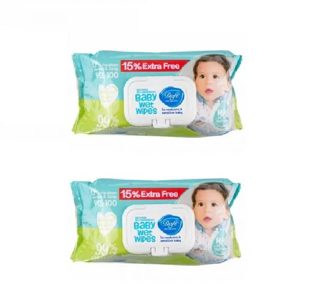 دستمال مرطوب پاک کننده کودک دافی (Daffi) مدل Extra سبز بسته 100 عددی مجموعه 2 عددی