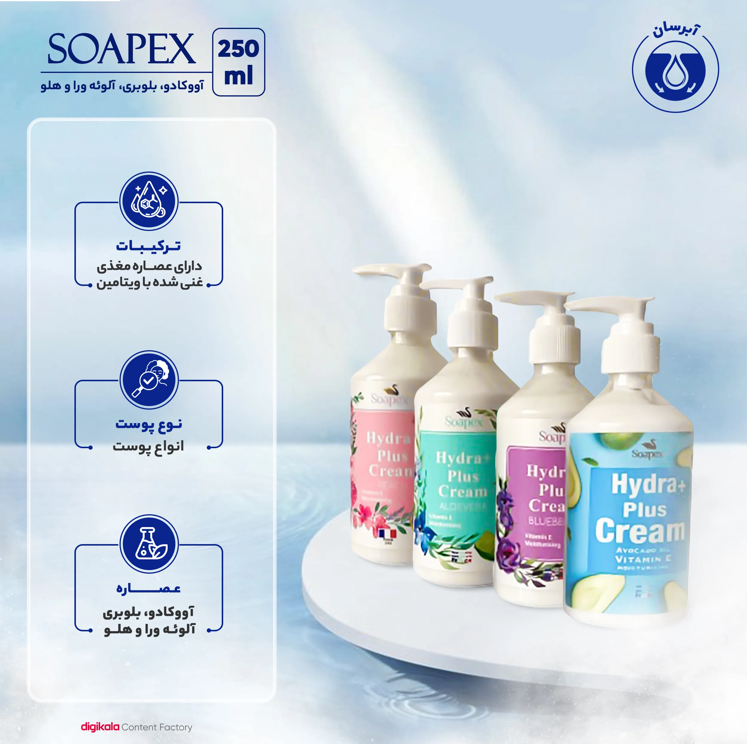 کرم آبرسان سوپکس مدل آووکادو، بلوبری، آلوئهورا و هلو وزن 250 گرم مجموعه 4 عددی