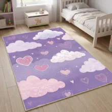 فرش ماشینی 1000 شانه زمینه بنفش حاشیه صورتی مدل اورکوم طرح اتاق کودک کد kids.9009.01