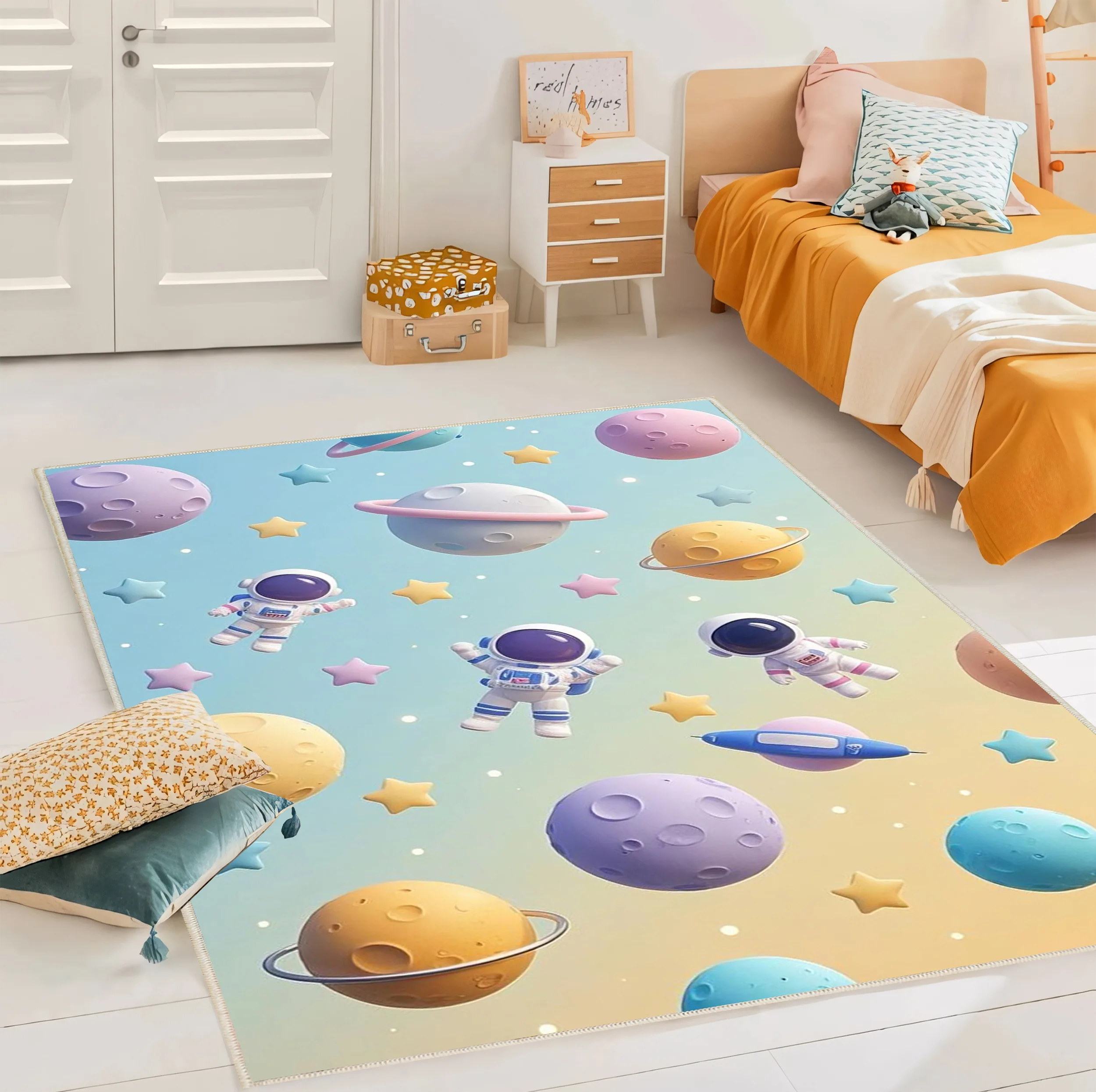 فرش ماشینی 1000 شانه زمینه آبی حاشیه نارنجی مدل اورکوم طرح اتاق کودک کد kids.9003.01