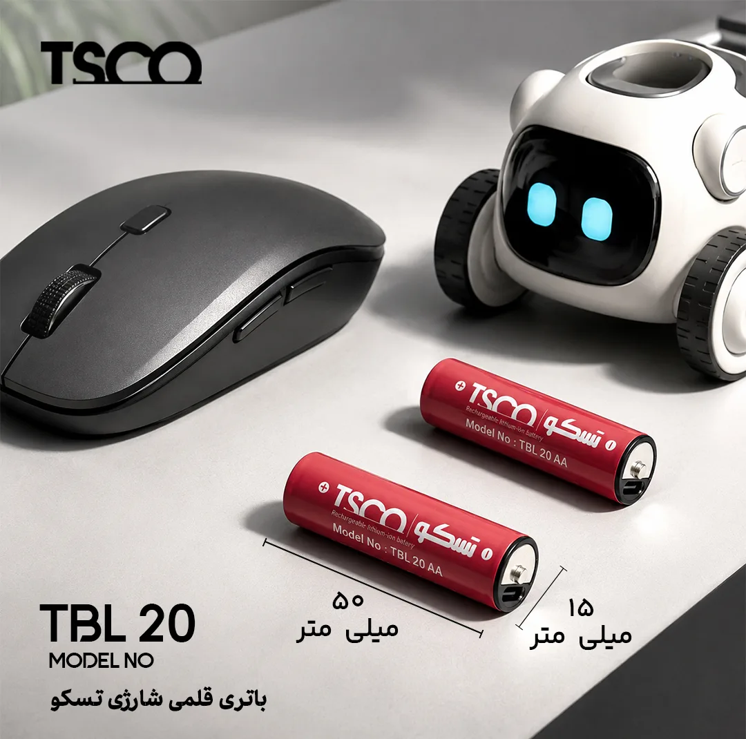 باتری قلمی شارژی تسکو مدل TBL 20 با درگاه USB-C به همراه کابل شارژ بسته دو عددی 