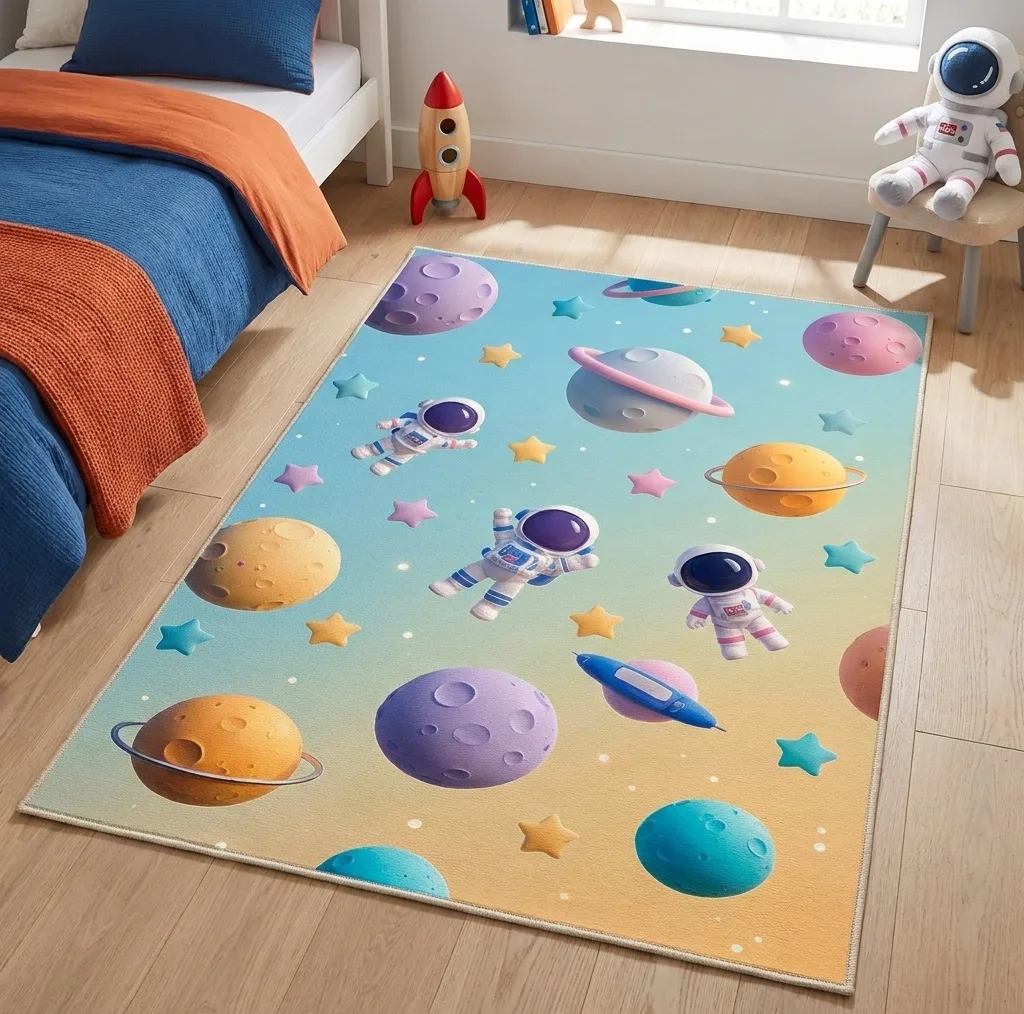 فرش ماشینی 1000 شانه زمینه آبی حاشیه نارنجی مدل اورکوم طرح اتاق کودک کد kids.9003.01