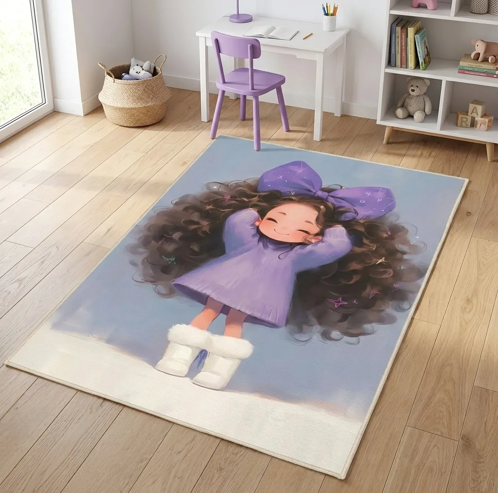 فرش ماشینی 1000 شانه زمینه طوسی حاشیه بنفش مدل اورکوم طرح اتاق کودک کد kids.9022.1