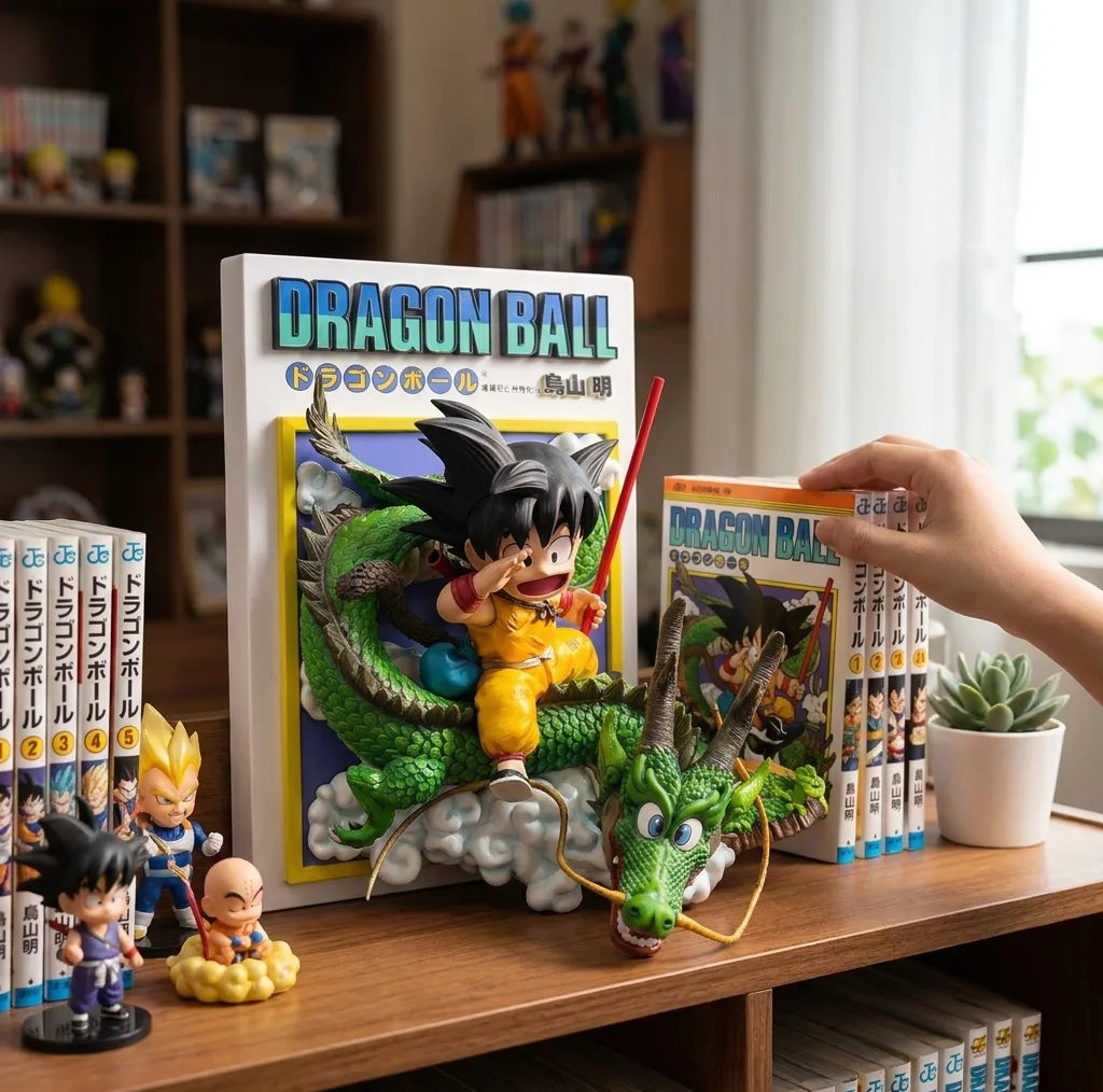 فیگور گوکو کودک دراگون بال مدل Shenron 3D Diorama Dragon Ball، دیورامای سه‌بعدی با شنرون و پس‌زمینه مانگا، ارتفاع 29 سانتی‌متر