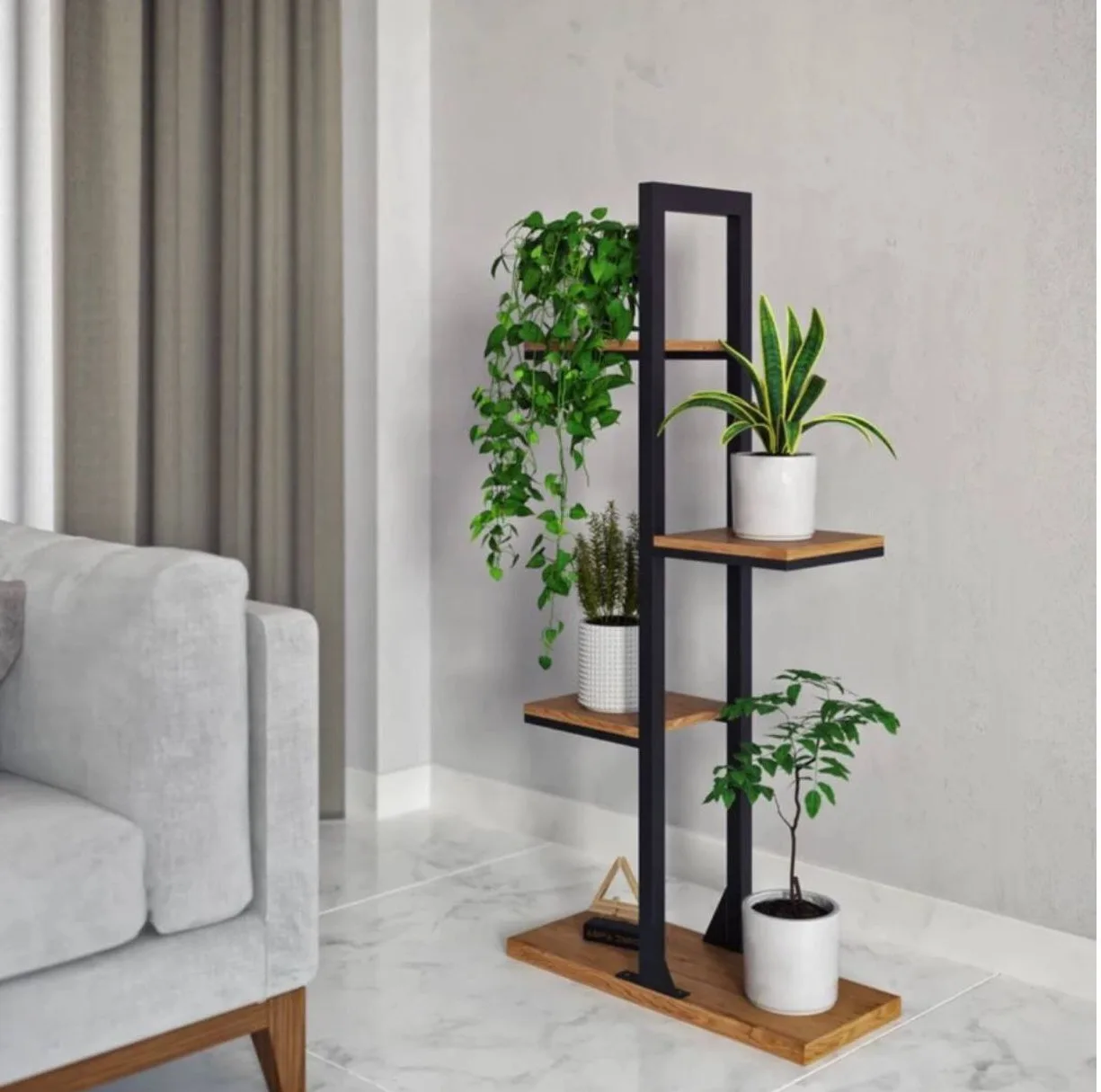 استند گل ایستاده مدل G-15 با پروفیل فلزی مقاوم و طبقات MDF ضدآب، مناسب برای گل‌های آپارتمانی و گیاهان آبی، طراحی استوانه‌ای با استحکام بالا و ابعاد 120x55x25 سانتی‌متر