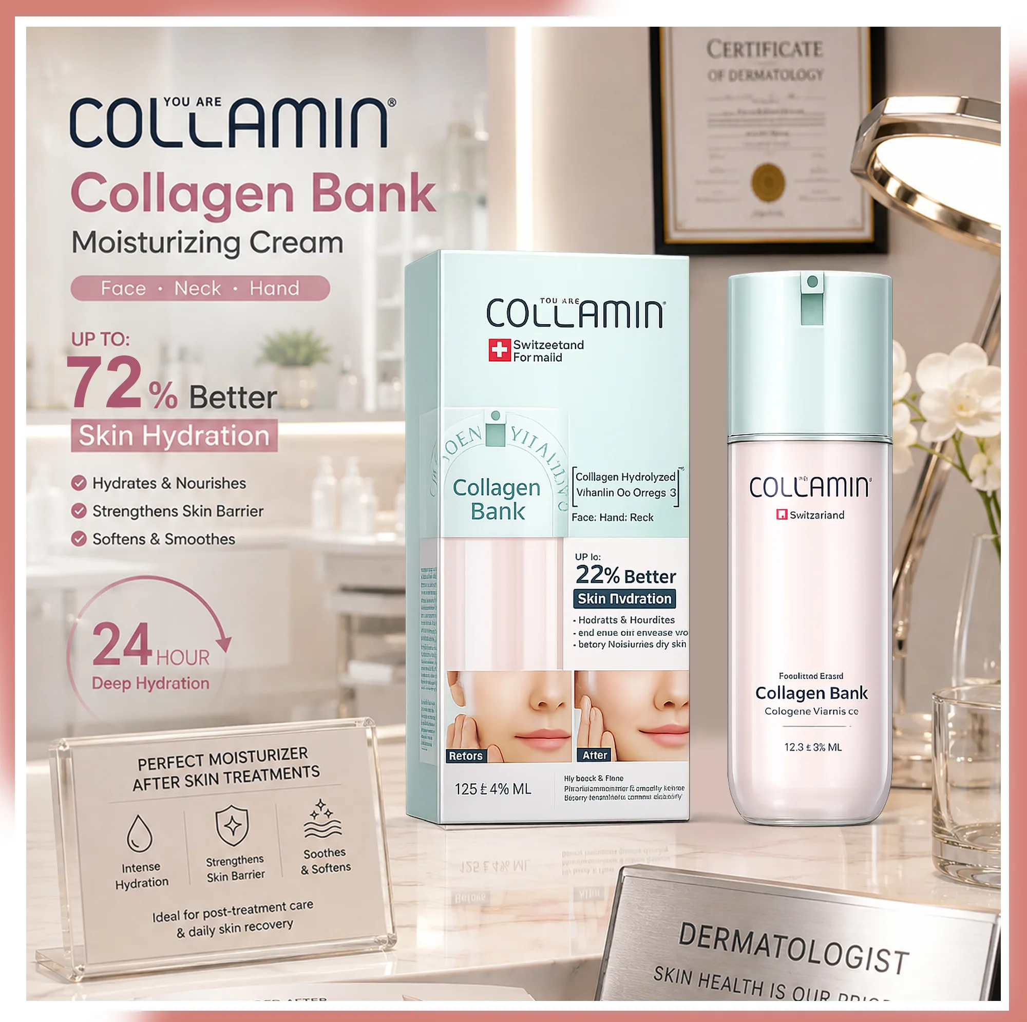 کرم مرطوب کننده صورت و گردن کلامین مدل collagen bank-6 مناسب انواع پوست حجم 125 میلی لیتر مجموعه 6 عددی