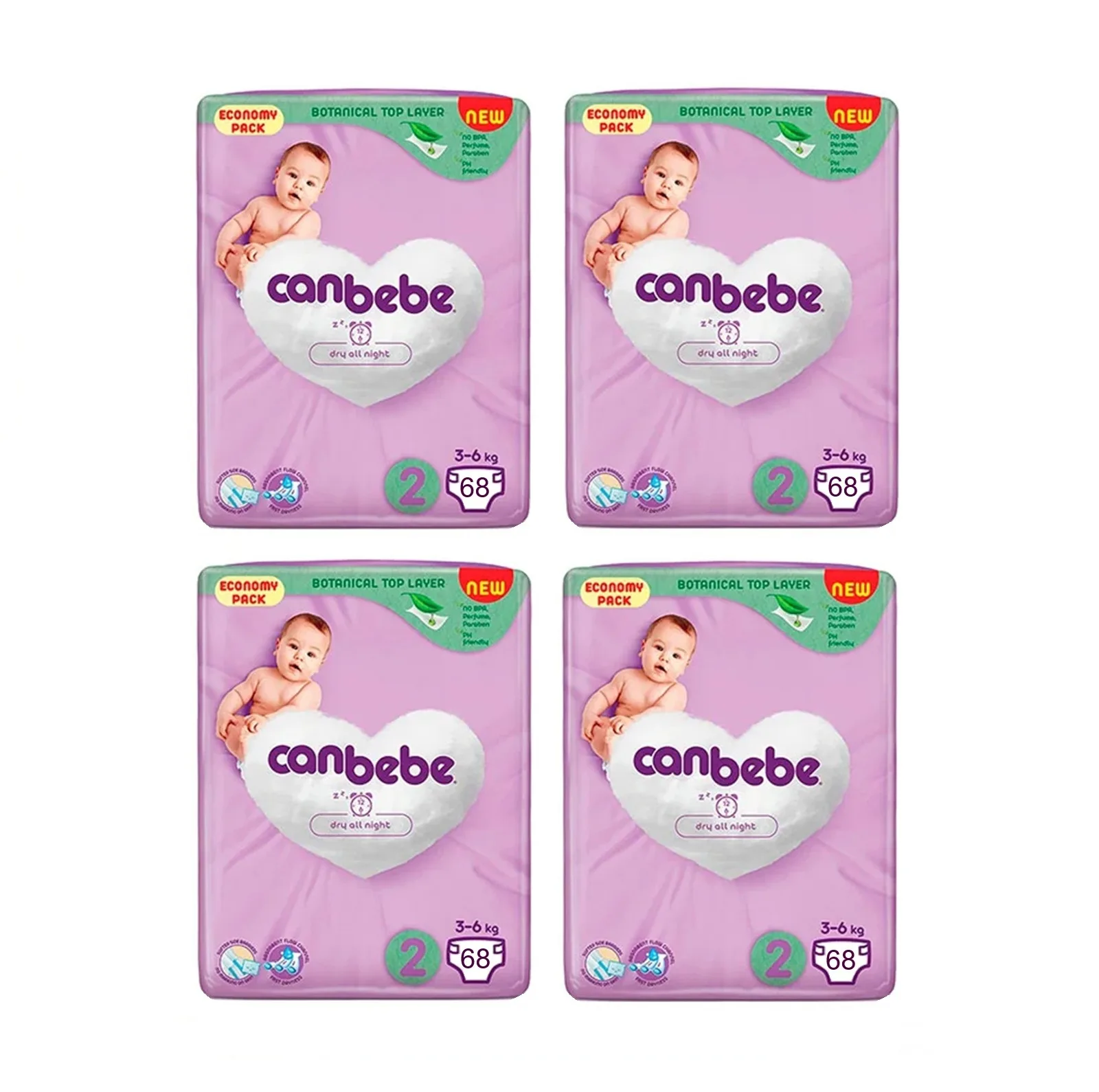 پوشک چسبی بچه جان به به مدل DRY ALL NIGHT سایز 2 چهار بسته 68 عددی