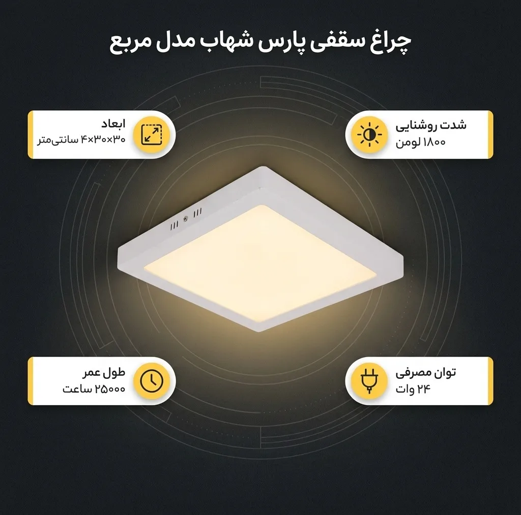 چراغ سقفی 24 وات پارس شهاب مدل مربع روکار