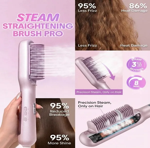 برس حرارتی بخاردار شیگلم مدل Hydra Shot Steam straightening brush Pro وزن 775 گرم با مخزن بخار داخلی و سیستم یون‌ساز