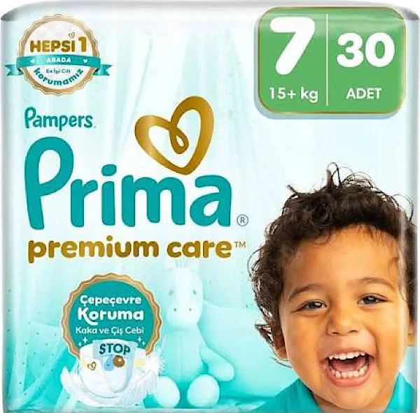 پوشک بچه چسبی پریما مدل premium care سایز ۷ بسته ۳۰ عددی