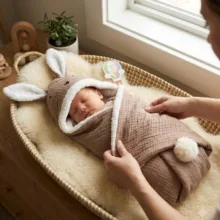 پتو دورپیچ خزدار نوزادی کوکوجم مدل خرگوش موسلین