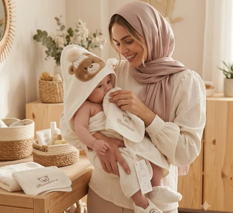 ست حوله 6 تکه نوزادی کوکوجم سری تدی مام سایز 50 سانتی متر