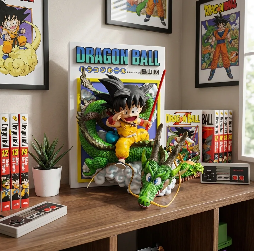 فیگور گوکو کودک دراگون بال مدل Shenron 3D Diorama Dragon Ball، دیورامای سه‌بعدی با شنرون و پس‌زمینه مانگا، ارتفاع 29 سانتی‌متر