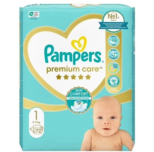 پوشک بچه پمپرز مدل premium care سایز ۱ بسته ۷۲ عددی