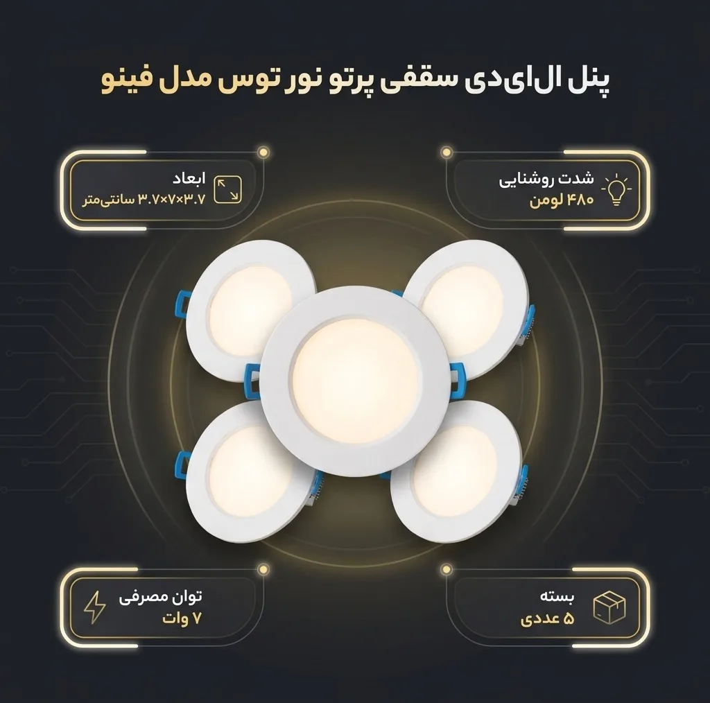 پنل ال ای دی سقفی 7 وات پرتو نور توس مدل توکار فینو بسته 5 عددی