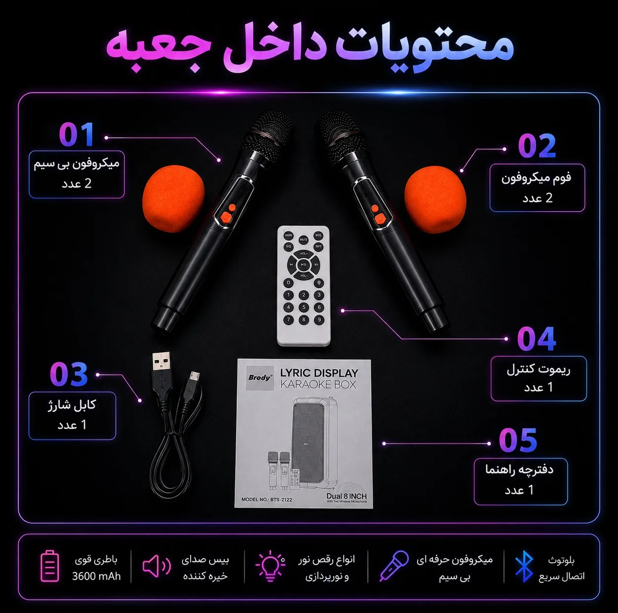 اسپیکر بلوتوثی قابل حمل برودو مدل Karaoke Box dual 10inch