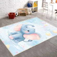 فرش ماشینی 1000 شانه زمینه و حاشیه آبی مدل اورکوم طرح اتاق کودک کد kids.9005.01