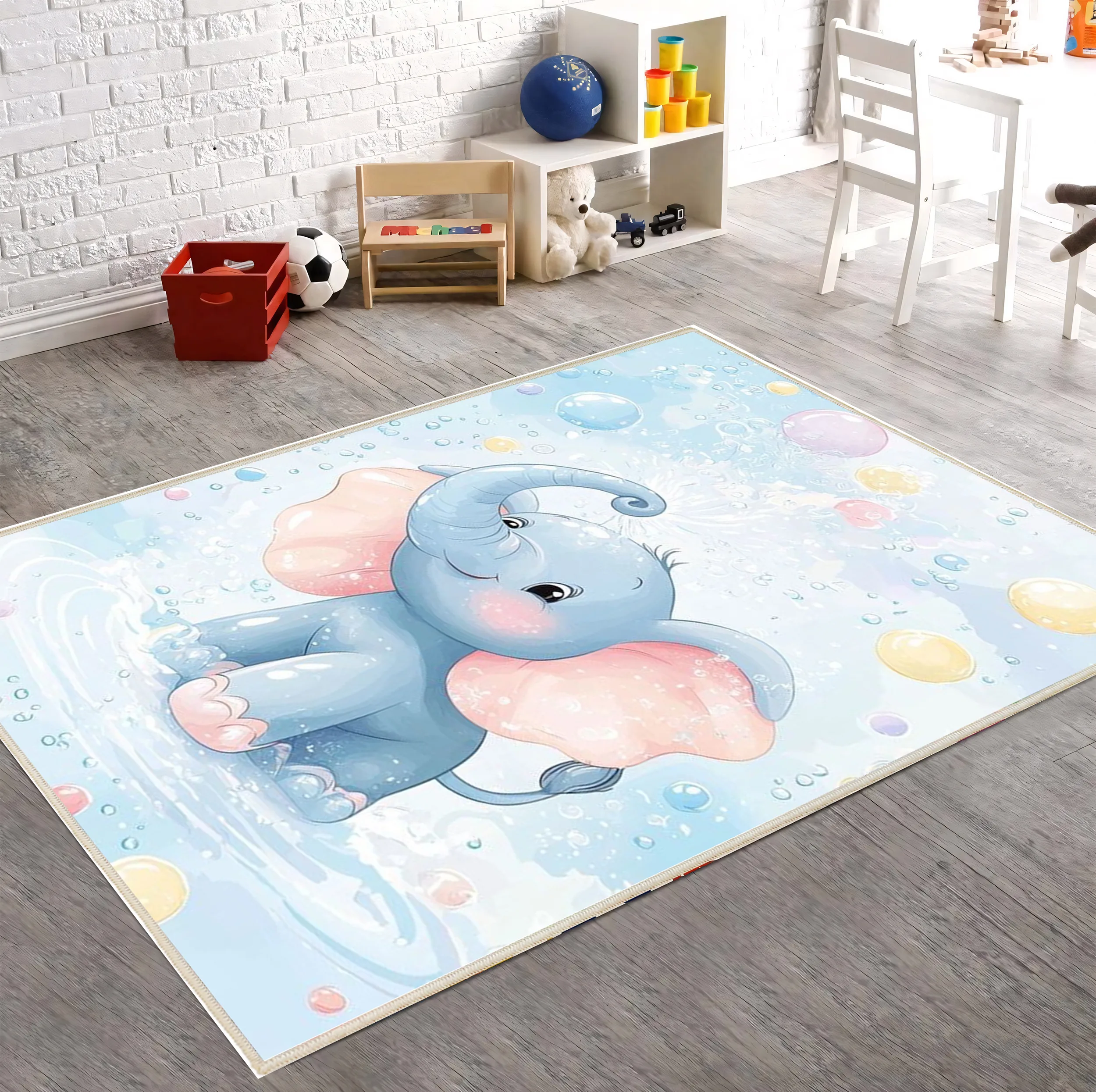 فرش ماشینی 1000 شانه زمینه و حاشیه آبی مدل اورکوم طرح اتاق کودک کد kids.9005.01