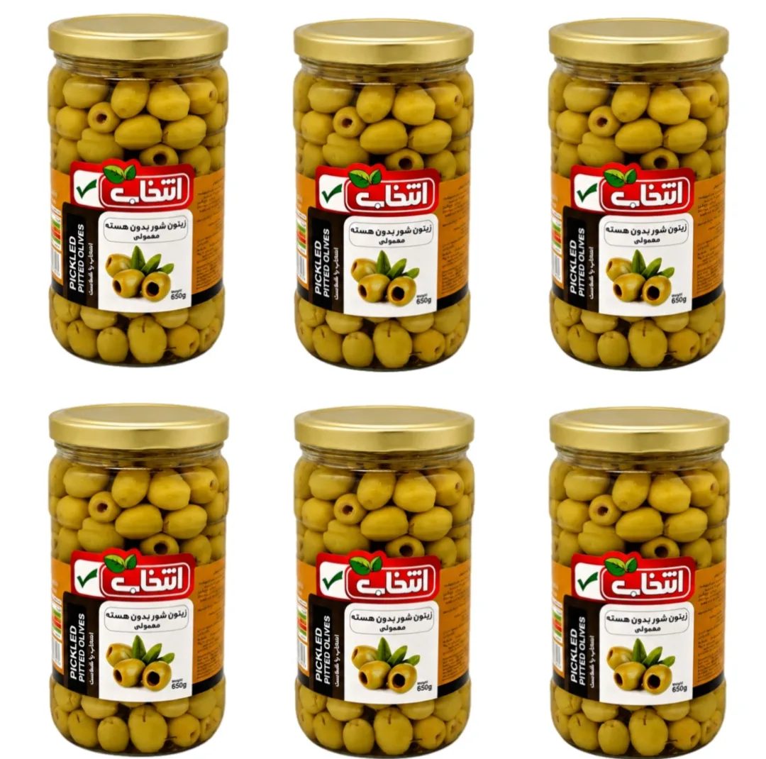 زیتون شور بی هسته انتخاب - 650 گرم بسته 6 عددی