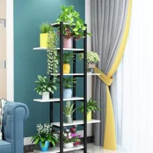 استند گلدان و قفسه کتاب فلزی 5 طبقه مدل GD-K38 با بدنه پروفیل 20×20 میلی‌متر، صفحات MDF روکش PVC، پوشش کوره‌ای الکترواستاتیک ضدخش و ضدزنگ، جوشکاری CO2، ابعاد 74×24×147 سانتی‌متر، وزن 12000 گرم