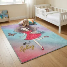 فرش ماشینی زانیس مدل اتاق کودک طرح پرنسس و پروانه زمینه سبز آبی