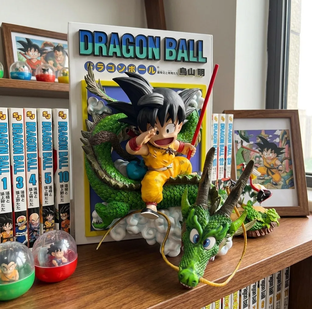 فیگور گوکو کودک دراگون بال مدل Shenron 3D Diorama Dragon Ball، دیورامای سه‌بعدی با شنرون و پس‌زمینه مانگا، ارتفاع 29 سانتی‌متر