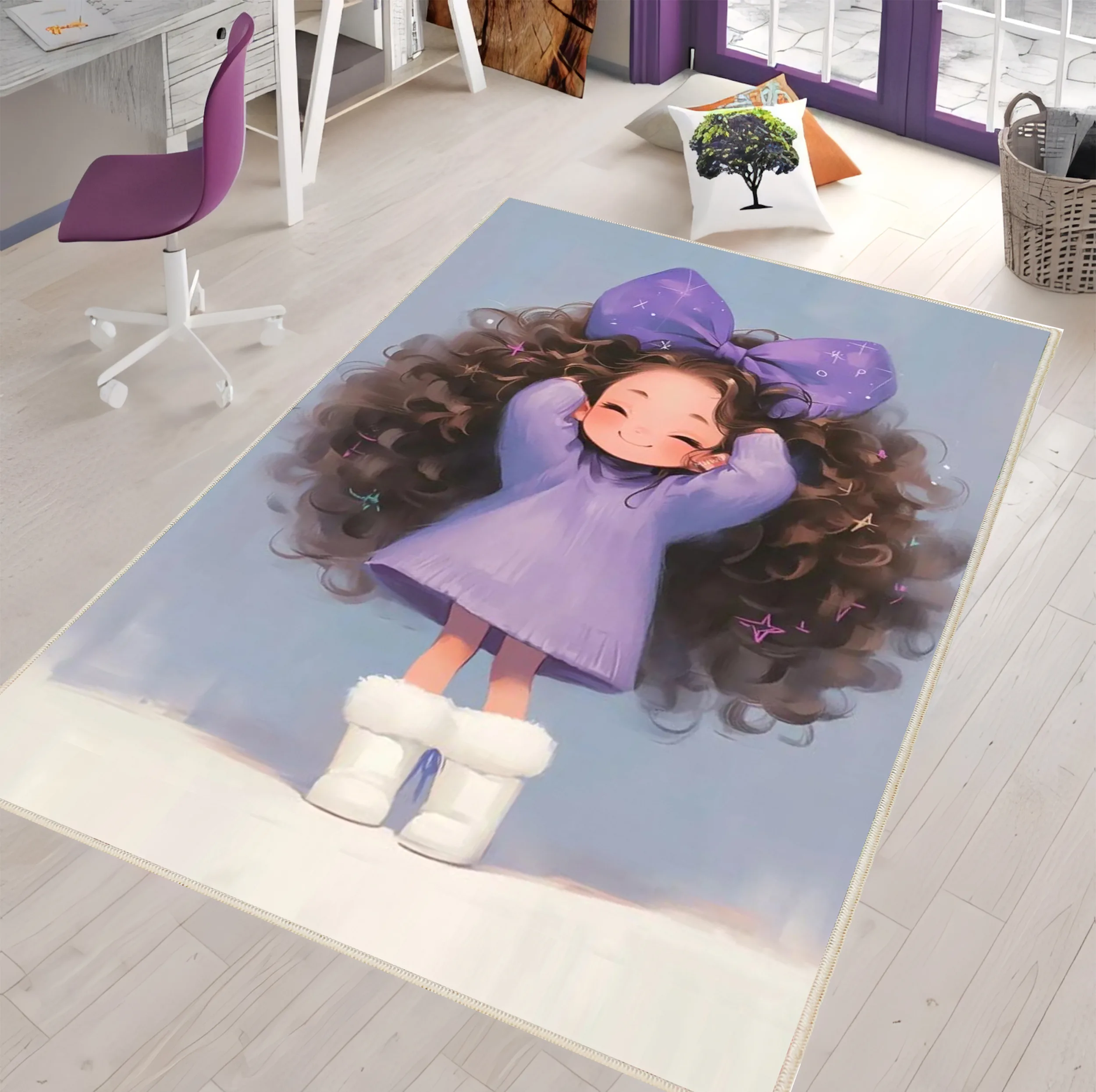 فرش ماشینی 1000 شانه زمینه طوسی حاشیه بنفش مدل اورکوم طرح اتاق کودک کد kids.9022.1