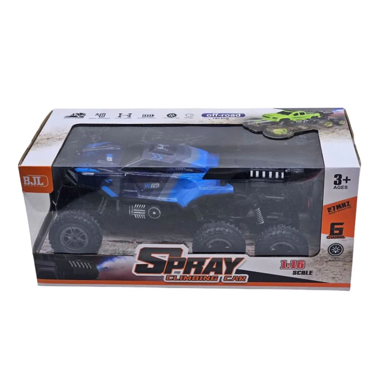 ماشین بازی کنترلی ناب سل مدل آفرود فنری چراغدار دودزا شارژی 6 چرخ 6 کانال کد SPRAY CLIMBING CAR SCALE 1:16 LIGHT FUNCTION 27 MHZ RADIO OPERATION