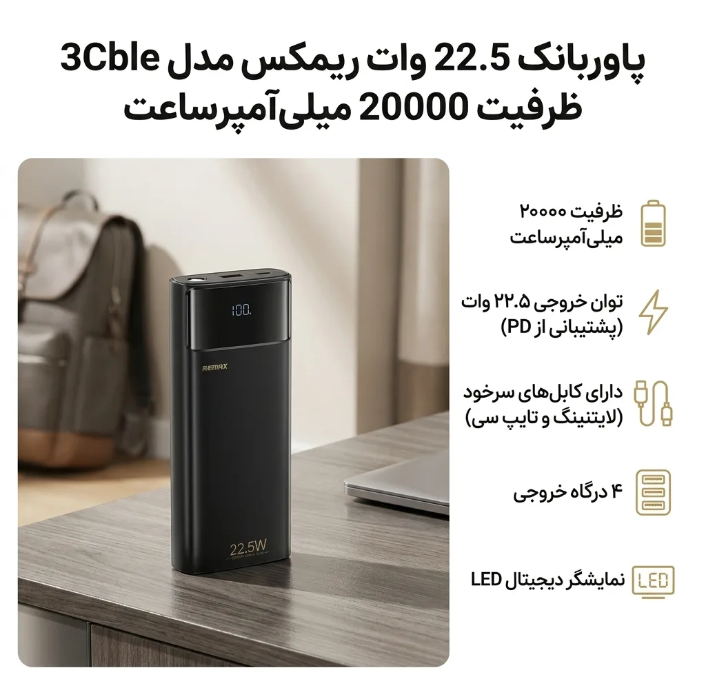 پاوربانک 22.5 وات ریمکس مدل 3Cble ظرفیت 20000 میلی‌آمپرساعت