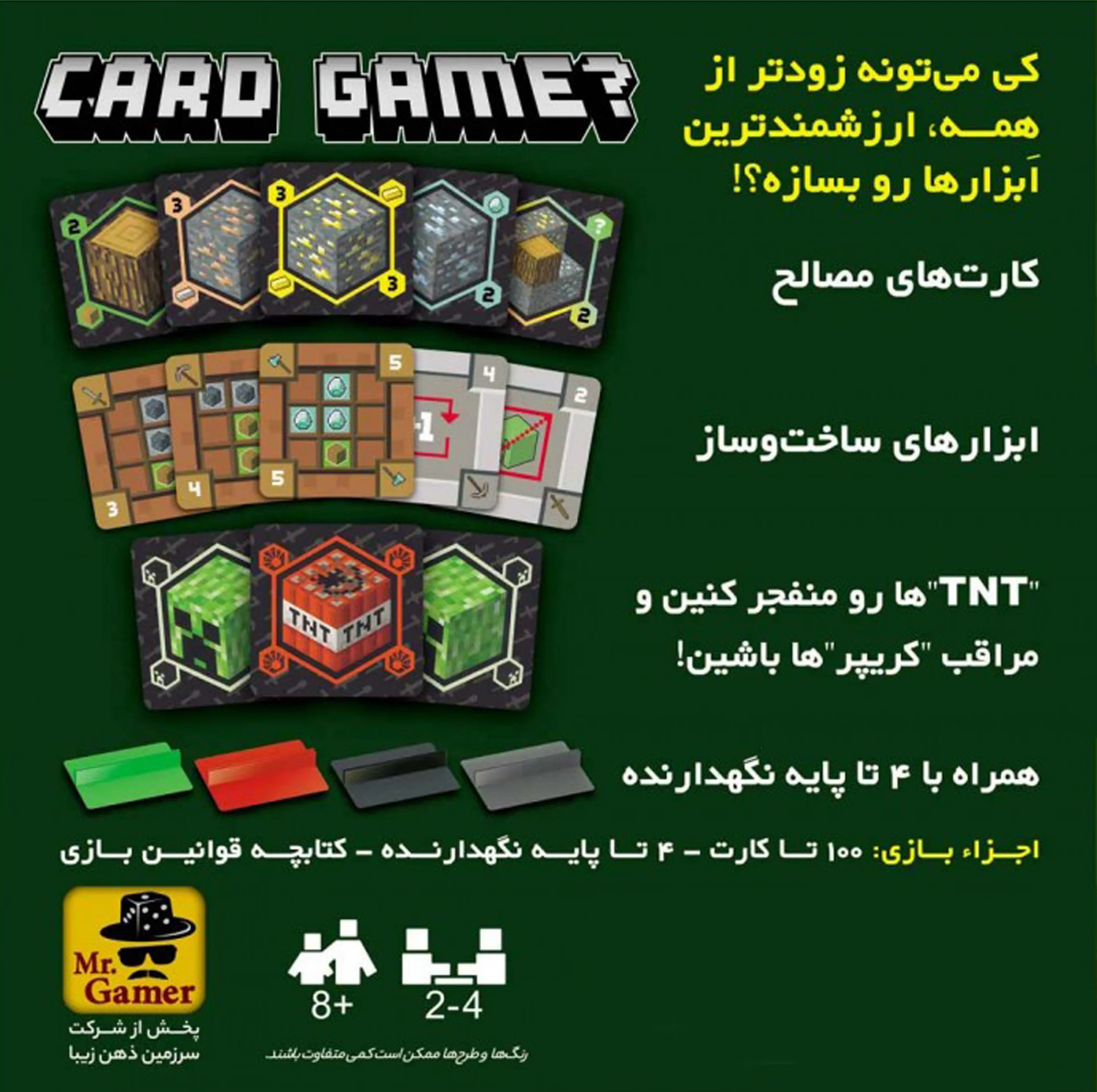 بازی فکری بردگیم مدل ماینکرفت مناسب 2 تا 4 نفر، رده سنی کودک تا بزرگسال، سبک استراتژی با تاکتیک مدیریت منابع و مدت زمان کمتر از یک ساعت