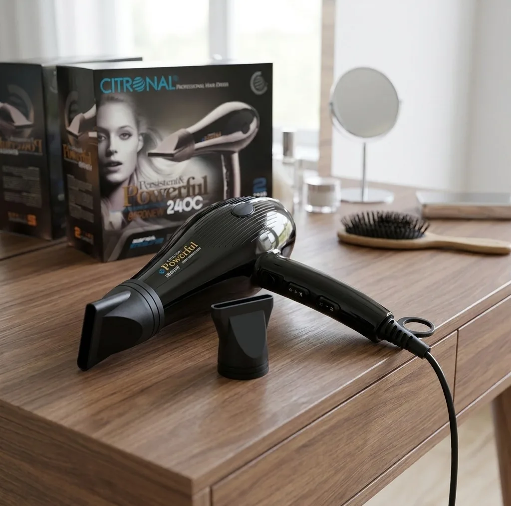 سشوار حرفهای سیترونال مدل 8590 با موتور AC 2400 وات، تنظیم دما در سه حالت، تنظیم سرعت دو سرعته، فناوری ضد الکتریسیته ساکن، همراه با دو سری متمرکزکننده هوا، مناسب استفاده حرفهای و خانگی
