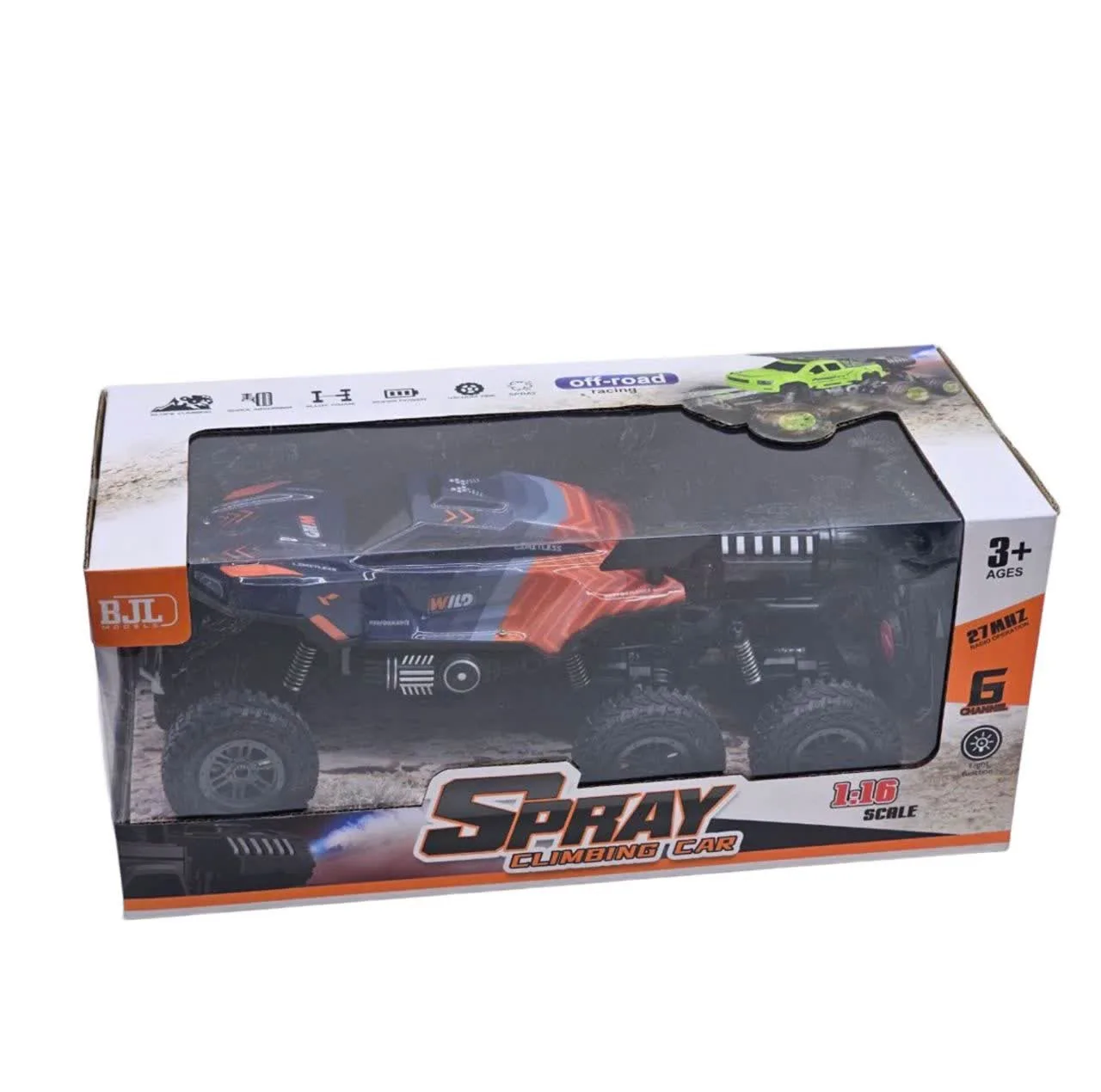 ماشین بازی کنترلی ناب سل مدل آفرود فنری چراغدار دودزا شارژی 6 چرخ 6 کانال کد SPRAY CLIMBING CAR SCALE 1:16 LIGHT FUNCTION 27 MHZ RADIO OPERATION