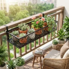استند گلدان دکومرآت مدل بالکنی طرح قلب آویز، مناسب فضای باز و گل‌های آپارتمانی، با پوشش کوره‌ای الکترواستاتیک مقاوم در برابر رطوبت و خط و خش، ابعاد 50×20×12 سانتی‌متر، وزن 1750 گرم