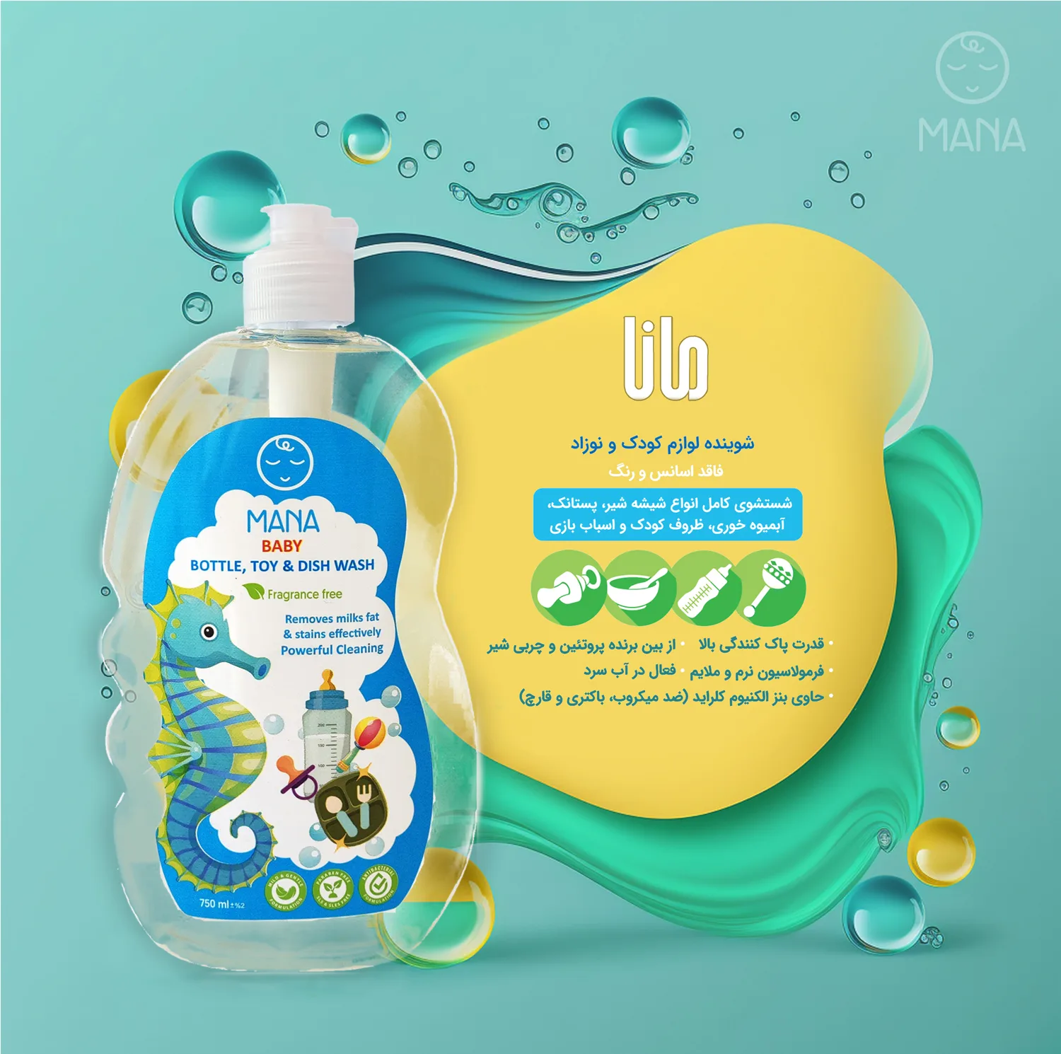 مایع شوینده و ضدعفونی کننده شیشه شیر مانا مدل درب ساده حجم 750 میلی لیتر
