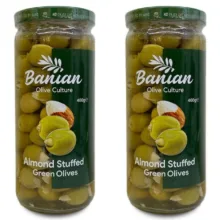 زیتون سبز با مغزی بادام بانیان – 460 گرم بسته 2 عددی