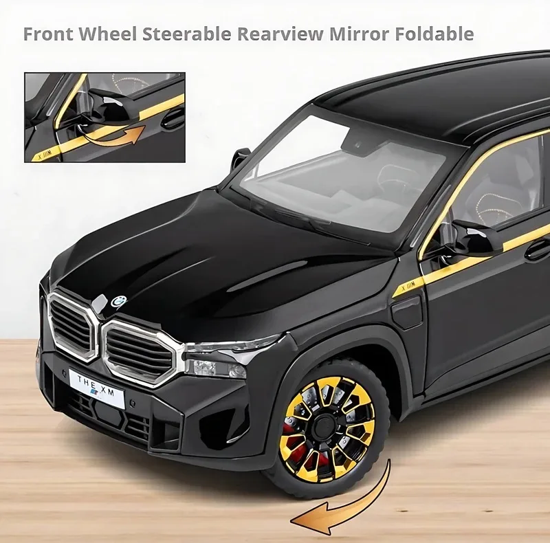 ماشین بازی شاسیبلند غیرکنترلی مدل BMW XM با بدنه فلزی، درهای بازشو از بغل، آینه متحرک، چرخهای پلاستیکی و منبع انرژی باتری سکهای