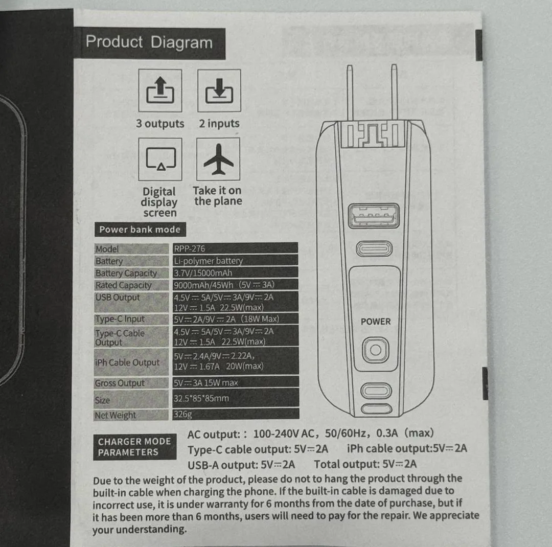 پاوربانک ریمکس مدل Infinity All in one - AC charger-RPP-276 ظرفیت 15000 میلی آمپرساعت