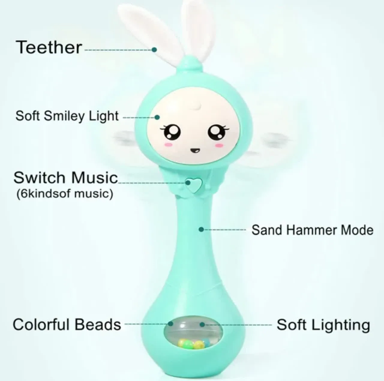 جغجغه ناب سل مدل دستی دندان گیر چراغدار موزیکال خرگوش بامزه  کد Funny rabbit teething hand rattle