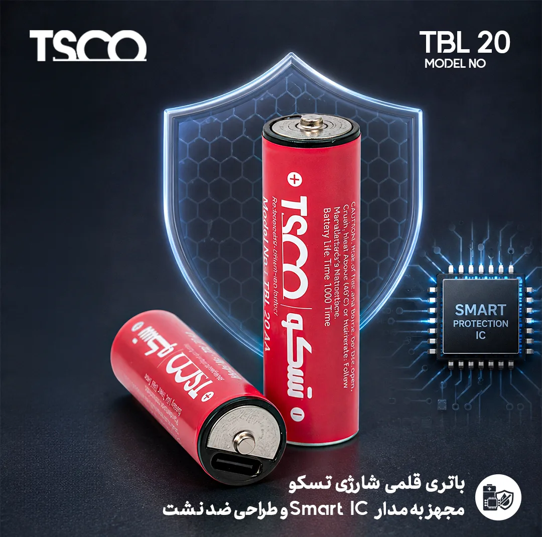 باتری قلمی شارژی تسکو مدل TBL 20 با درگاه USB-C به همراه کابل شارژ بسته دو عددی 