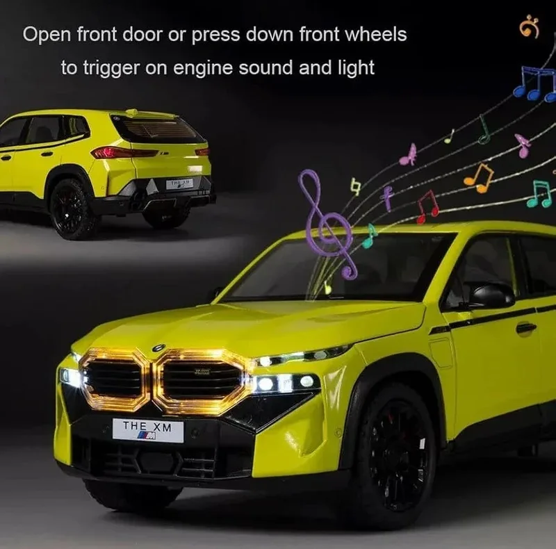 ماشین بازی شاسیبلند غیرکنترلی مدل BMW XM با بدنه فلزی، درهای بازشو از بغل، آینه متحرک، چرخهای پلاستیکی و منبع انرژی باتری سکهای
