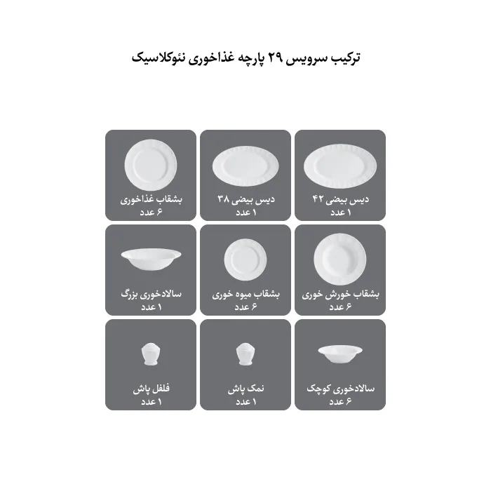 سرویس غذاخوری 29 پارچه چینی زرین ایران مدل نئوکلاسیک گلاریس درجه عالی