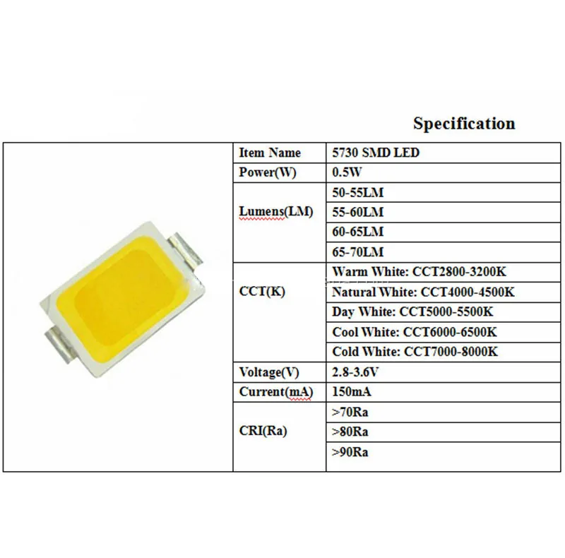 چیپ ال ای دی 0.5 وات مدل 5730 3V 0.5W بسته 1000 عددی