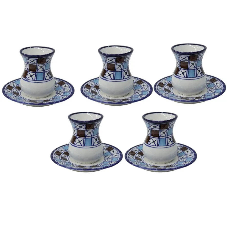 استکان ونعلبکی چينی ميبدمرواريدمدل شطرنجی بسته 5 عددی