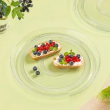 دیس شیشه‌ای لیمون مدل گرد کد HS2437، ابعاد 30×30×2.5 سانتی‌متر، ضدشوک حرارتی، مناسب پیتزا، برنج و کیک