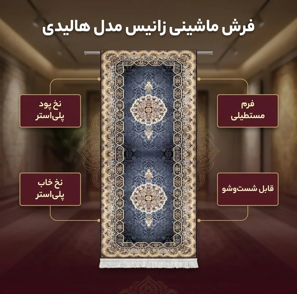 فرش ماشینی زانیس مدل کناره سنتی طرح هالیدی زمینه آبی
